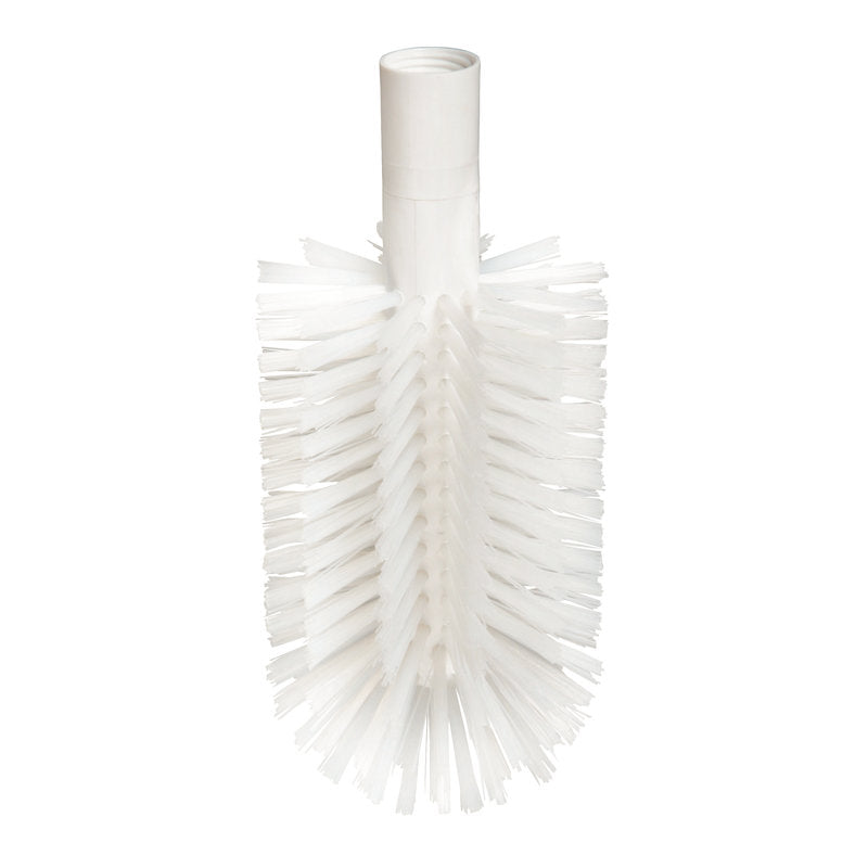 Die ROHRBÜRSTE, PBT TRANSPARENT ø0,50MM, MIT ADAPTER von Haug Bürsten KG ist eine weiße zylindrische Bürste mit langlebigen transparenten PBT-Borsten und Adapter, ideal für die Reinigung von Rohren oder engen Behältern.