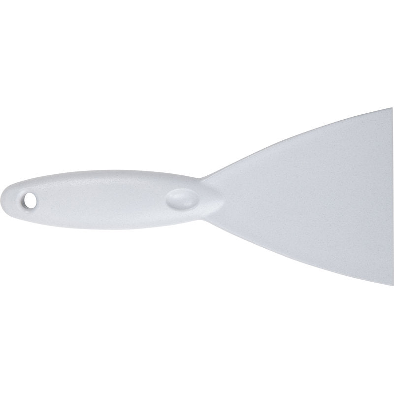 Ein SPACHTEL,PP, 250x110X18MM von Haug Bürsten KG wird vor einem schlichten Hintergrund gezeigt, wobei seine Qualität durch eine Nahaufnahme des Griffs und eines Teils der Klinge mit einem Loch im Griff hervorgehoben wird.