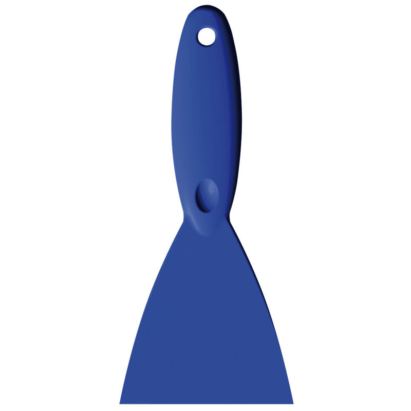 Das Haug Bürsten KG SPACHTEL,PP, 250x110X18MM verfügt über eine breite Klinge und einen abgerundeten Griff mit einem Loch an der Oberseite zum bequemen Aufhängen.