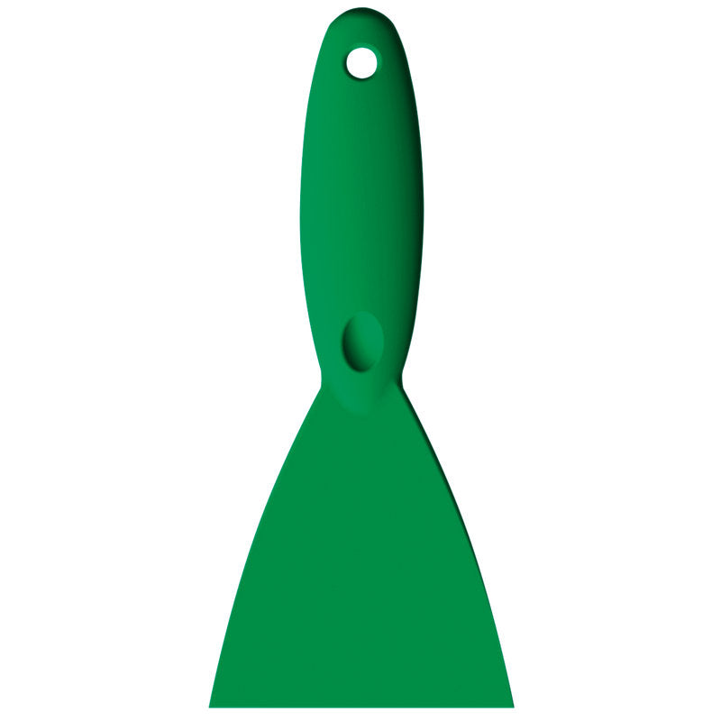 Das SPACHTEL,PP, 250x110X18MM Spachtelmesser von Haug Bürsten KG hat eine grüne breite Klinge und einen Griff mit Aufhängeloch-hochwertiges Werkzeug-auf weißem Hintergrund.