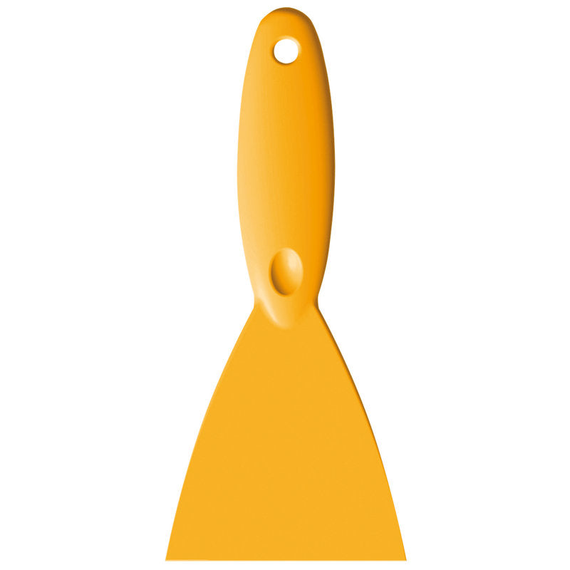 Der SPACHTEL,PP, 250x110X18MM von Haug Bürsten KG ist ein gelber Spachtel mit breiter Klinge und Griffloch zum Aufhängen, abgebildet auf weißem Hintergrund.