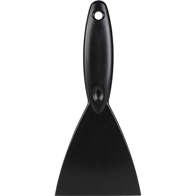 Der SPACHTEL,PP, 250x110X18MM von Haug Bürsten KG ist ein schwarzer Spachtel mit breiter flacher Klinge und Aufhängeloch, abgebildet auf weißem Grund - ideal als hochwertiges Werkzeug für viele Aufgaben.
