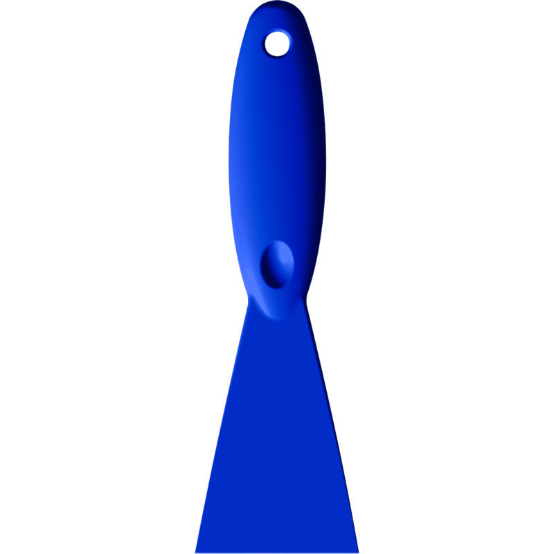 Ein Haug Bürsten KG SPACHTEL,PP, 250x75x18MM blaues Spachtelmesser mit breiter, flacher Klinge und einem Loch im Griff ist von oben auf weißem Hintergrund dargestellt.