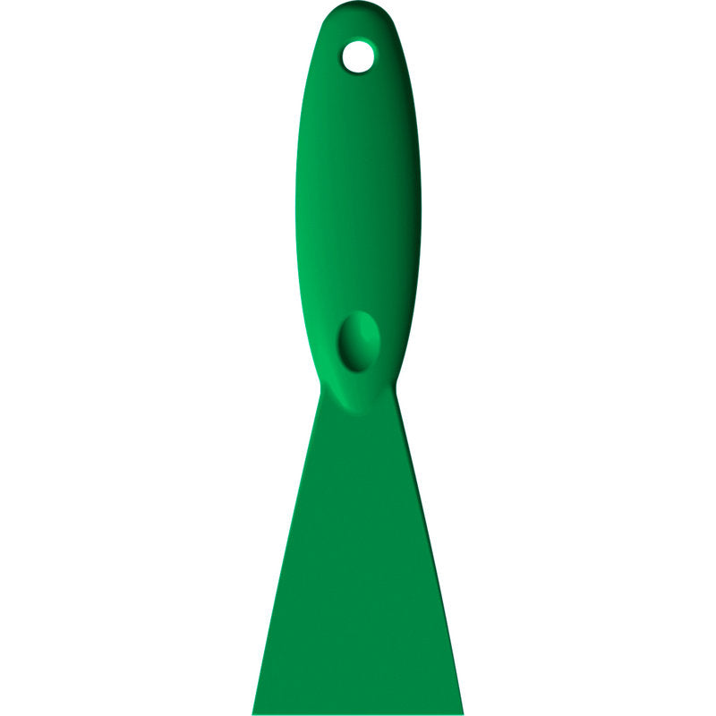 Der Haug Bürsten KG SPACHTEL,PP, 250x75X18MM ist ein grüner Polypropylenschaber mit einem Loch im Griff und einer flachen, breiten Klinge, die auf weißem Hintergrund dargestellt ist.