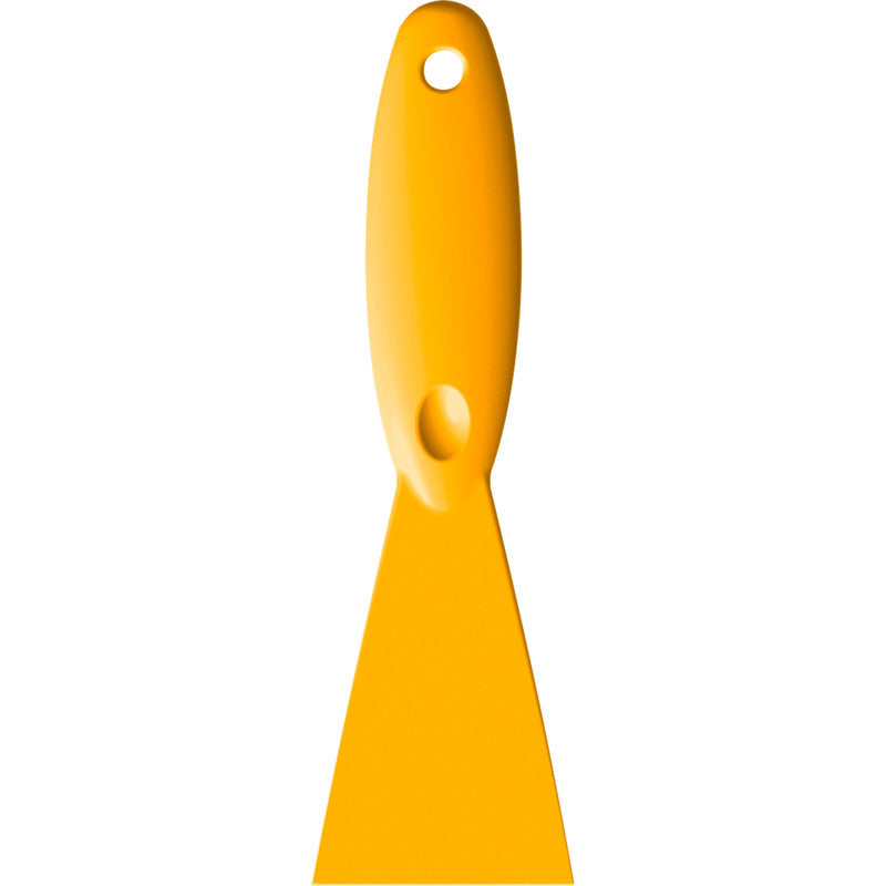 Das Haug Bürsten KG SPACHTEL,PP, 250x75X18MM ist ein gelbes Polypropylen-Werkzeug mit einer breiten, flachen Klinge von 250x75x18mm und einem Griff mit einem Loch zum Aufhängen.