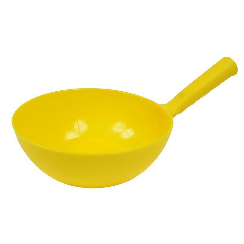 Die SCHÖPFKELLE RUND 1,5 L von Haug Bürsten KG (360 x ø220 x 80 mm) ist eine leuchtend gelbe Kunststoffkelle mit langem Stiel, fotografiert auf weißem Hintergrund - ein unverzichtbares Werkzeug für jede Küche.