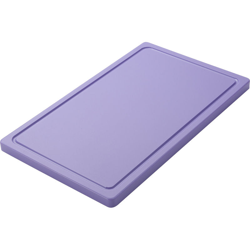 Die Haug Bürsten KG SCHNEIDEBRETT KLEIN (PE, rutschfest, 500x300x20mm) ist in hellviolett auf weißem Grund abgebildet, mit leicht erhöhtem Rand und rutschfester Oberfläche für eine sichere und einfache Zubereitung von Speisen.