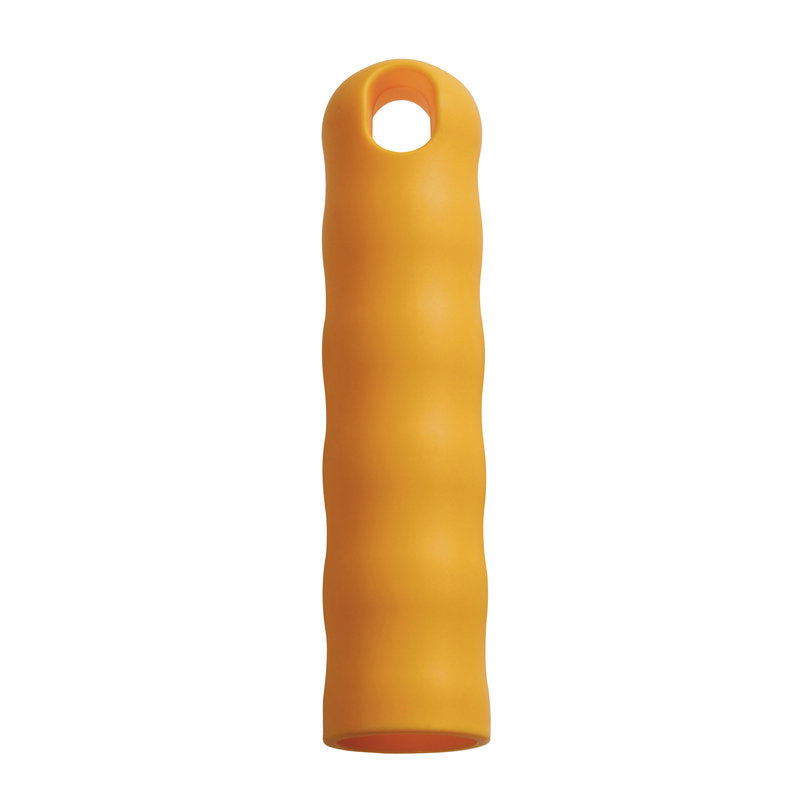 Die AUFHÄNGEKAPPE FÜR ALLE STIELE M.AUßEN-ø 25MM von Haug Bürsten KG ist ein gelber, zylindrischer Silikongriffüberzug mit Fingerrillen und einer Kappe zur einfachen Aufbewahrung, passend für 25mm Griffe, hochkant auf weißem Hintergrund.