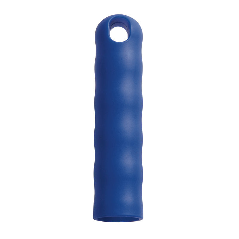 Die Haug Bürsten KG AUFHÄNGEKAPPE FÜR ALLE STIELE M.AUßEN-ø 25MM ist ein blauer, zylindrischer Griff mit Fingermulden und einer Aufhängekappe, passend für 25mm Griffe für besseren Halt und einfache Lagerung. Größe: 125xø30mm.