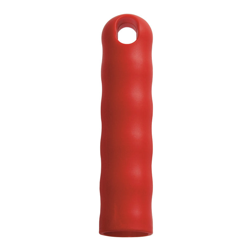 Die AUFHÄNGEKAPPE FÜR ALLE STIELE M.AUßEN-ø 25MM (125xø30mm) von Haug Bürsten KG ist eine rote, zylindrische, gerippte Silikonkappe mit einem Loch in der Nähe des oberen Endes, dargestellt auf weißem Hintergrund.