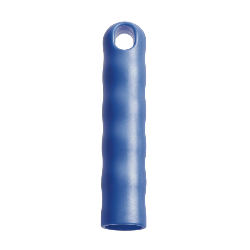 Abgebildet ist ein blauer, zylindrischer Silikongriff der Haug Bürsten KG mit Fingerrillen und einer oberen Bohrung für AUFHÄNGEKAPPE FÜR ALLE STIELE M.AUßEN-ø 22MM (125xø24mm) auf weißem Hintergrund.