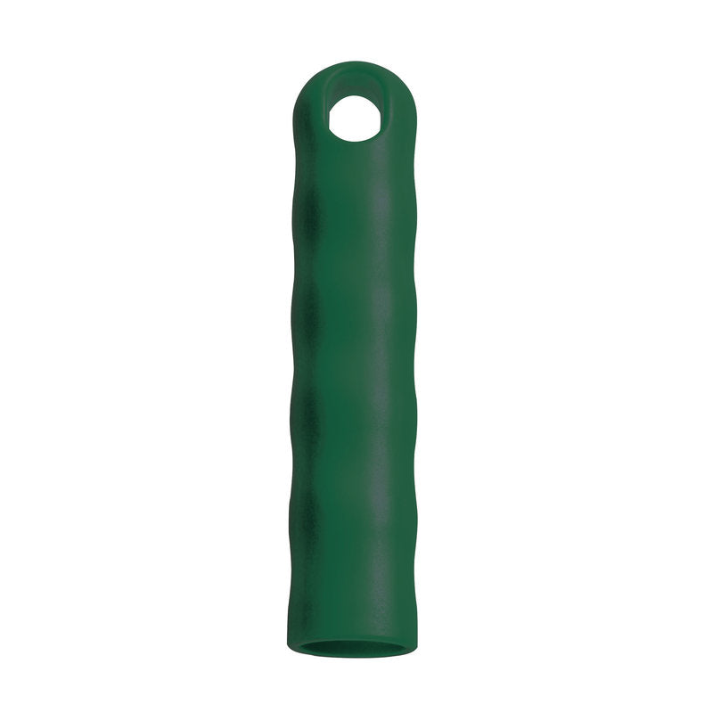 Die AUFHÄNGEKAPPE FÜR ALLE STIELE M.AUßEN-ø 22MM (125xø24mm) von Haug Bürsten KG ist eine grüne, gerippte Kunststoffkappe mit 22mm oberer Öffnung und offenem Boden, perfekt für die Werkzeugaufbewahrung.
