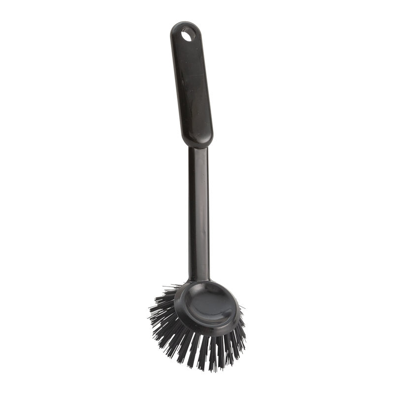 Die Haug Bürsten KG SPÜLBÜRSTE RUND, ø 0,35MM hart (255xø70x23mm), verfügt über einen runden schwarzen Kopf mit harten Borsten für effiziente Küchenreinigung und ein Loch im Griff zum einfachen Aufhängen.