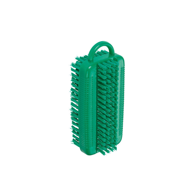 Die NAGELBÜRSTE DOPPELT, ø 0,35MM MITTEL/HART von Haug Bürsten KG ist eine grüne rechteckige Nagelbürste mit mittelharten Borsten auf zwei Seiten und einem gebogenen Griff. Perfekt für die Reinigung von Nägeln und Nagelhaut. Aufrecht stehend vor weißem Hintergrund abgebildet.