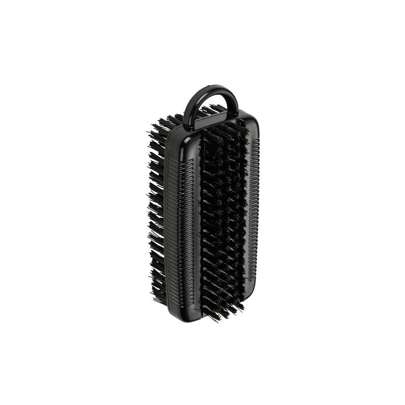 Die Haug Bürsten KG NAGELBÜRSTE DOPPELT, ø 0,35MM MITTEL/HART ist eine rechteckige schwarze Nagelbürste mit mittelharten Borsten auf allen Seiten und einem gebogenen oberen Griff, ideal zum Reinigen von Schuhen oder zur Nagel- und Nagelhautpflege.