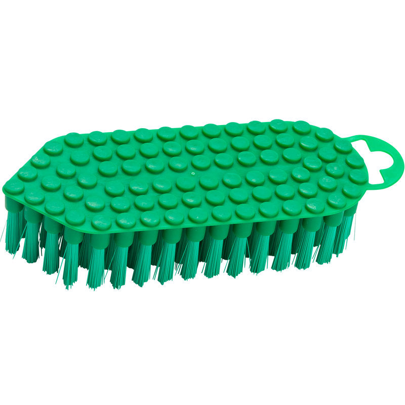 Die Haug Bürsten KG FLEXO-BÜRSTE, ø 0,35MM MITTEL (190x70x25 mm) ist ein grüner Schrubber mit steifen Borsten und einem strukturierten, ovalen Kunststoffgriff mit kreisförmigen Erhebungen und einer offenen Aufhängeöse.