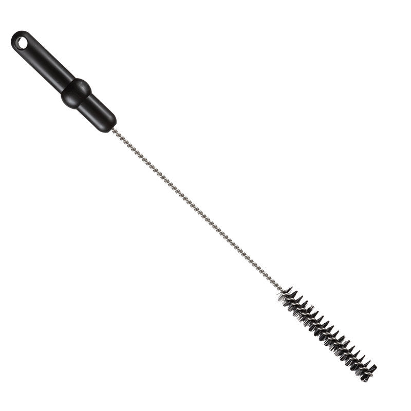 Die Haug Bürsten KG ROHRBÜRSTE, ø 0,50MM HART 500Xø 20MM, ist eine zylindrische Reinigungsbürste mit steifen schwarzen Borsten, einem gedrehten Metallschaft und einem schwarzen Kunststoffgriff mit Aufhängeloch - perfekt für die effiziente Rohrreinigung.