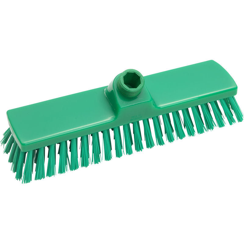 Der BESEN, PBT, ø 0,50MM MITTEL, 300X70X40MM von Haug Bürsten KG ist ein grüner Kunststoffbesen mit steifen PBT-Borsten und einem zentralen Stutzen, ideal für schwere Schrubb- und Reinigungsaufgaben.