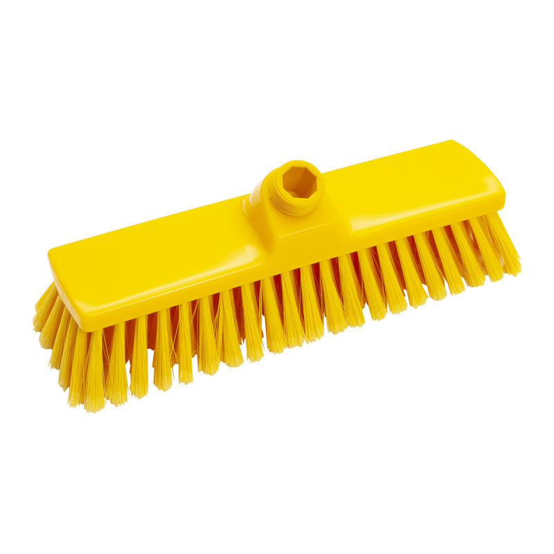 Der BESEN, PBT WEICH 300X70X50MM, GESCHLITZT von Haug Bürsten KG hat einen gelben rechteckigen Kopf mit geschlitzten Borsten und Gewindemuffe. Seine dichten, nach außen gewinkelten Borsten sind schonend für die Reinigung empfindlicher Oberflächen.