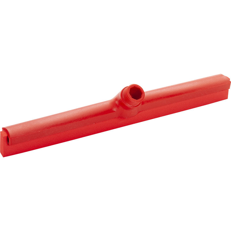 Ein roter Haug Bürsten KG WASSERSCHIEBER, 1-LIPPIG 420MM, LEBENSMITTELGUMMI Bodenabzieherkopf mit zentraler Gewindemuffe, dargestellt auf weißem Hintergrund.