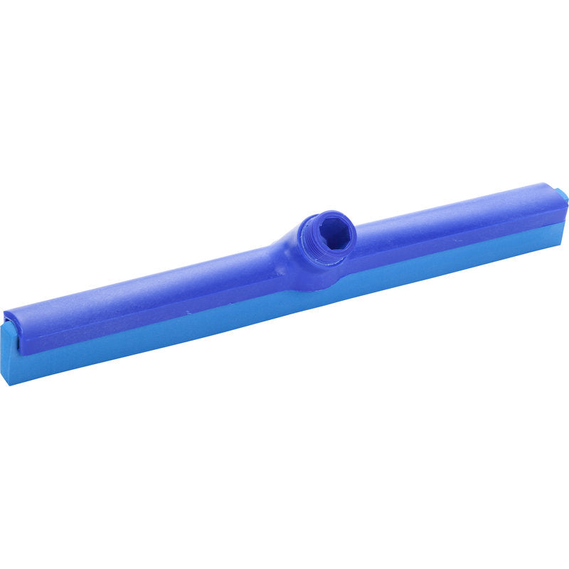 Der Haug Bürsten KG WASSERSCHIEBER, 1-LIPPIG 420MM, LEBENSMITTELGUMMI ist ein blauer Kunststoff-Bodenabzieherkopf mit einer zentralen Buchse und einem lebensmittelechten Gummiblatt, isoliert auf einem weißen Hintergrund dargestellt.