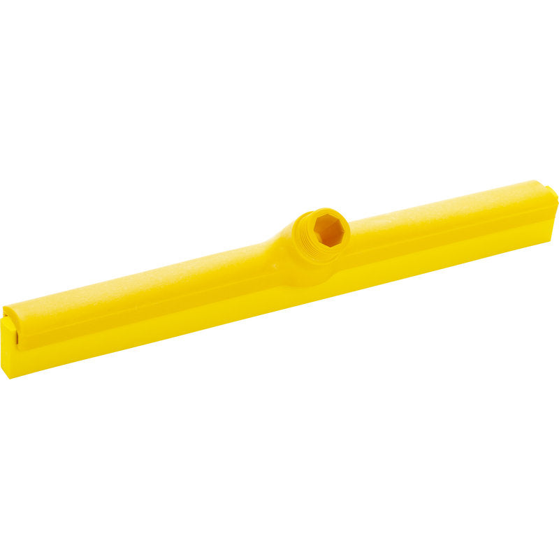 Der Haug Bürsten KG WASSERSCHIEBER, 1-LIPPIG 420MM, LEBENSMITTELGUMMI ist ein gelber Kunststoffkopf mit zentralem Gewindeloch zur Stielbefestigung aus lebensmittelechtem Gummi auf weißem Grund.