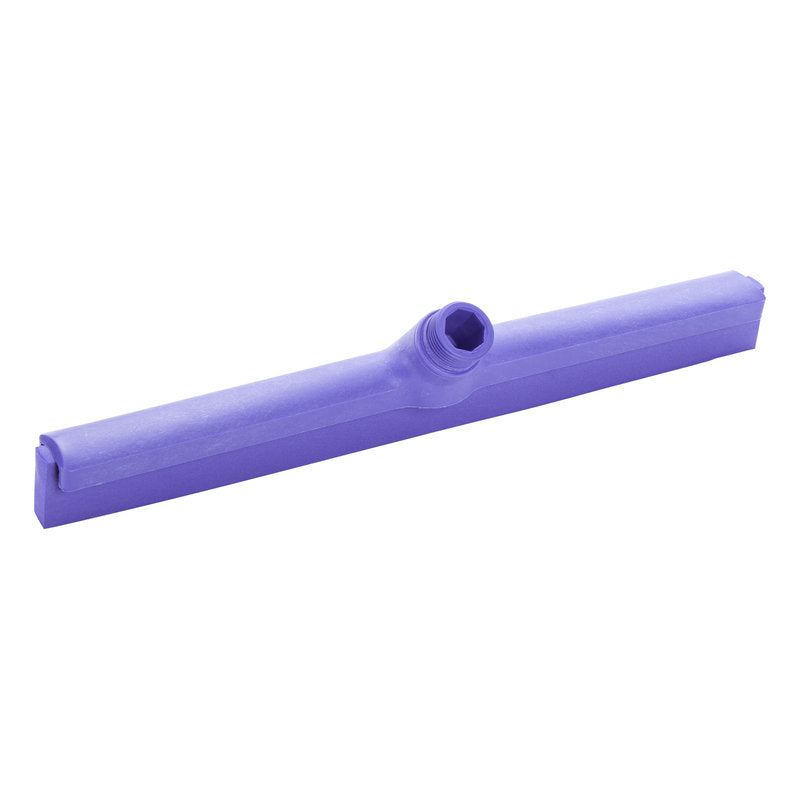 Die Haug Bürsten KG WASSERSCHIEBER, 1-LIPPIG 420MM, LEBENSMITTELGUMMI verfügt über einen violetten Kunststoffkopf mit zentraler Stielbefestigung und einer flachen, geraden lebensmittelechten Gummiklinge für eine effektive Bodenreinigung.