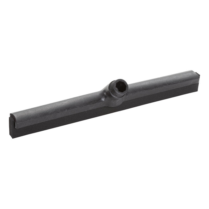 Der Haug Bürsten KG WASSERSCHIEBER, 1-LIPPIG 420MM, LEBENSMITTELGUMMI ist ein schwarzes Abstreifblatt mit einem zentralen Befestigungspunkt für Stiele, abgebildet auf weißem Hintergrund.