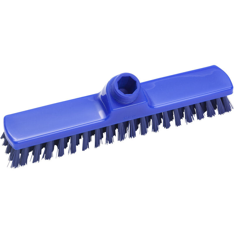 Der WISCHER, PBT HART 280X50X26MM von Haug Bürsten KG ist ein blauer Kunststoffbesen mit steifen PBT-Borsten und einer zentralen Buchse zur Stielbefestigung, abgebildet auf weißem Hintergrund.