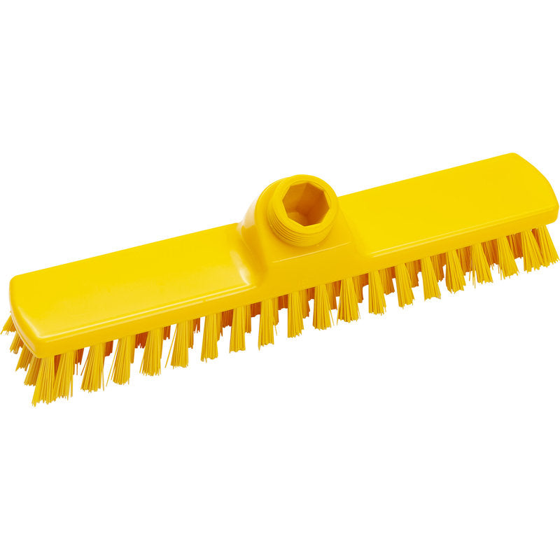 Der WISCHER, PBT HART 280X50X26MM von Haug Bürsten KG ist ein gelbes, rechteckiges Reinigungswerkzeug mit steifen PBT-Borsten, einer zentralen, abgewinkelten Griffhülse und einem robusten Kunststoffkörper für den harten Einsatz.
