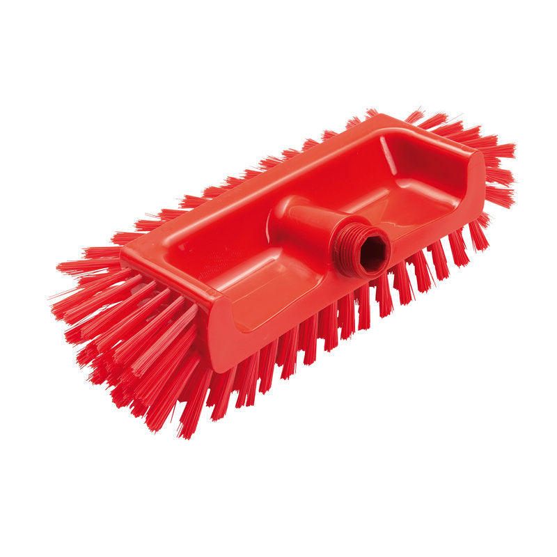 Der ECKENSCHRUBBER ø0,50MM MITTEL (320x125x40-50mm) von Haug Bürsten KG ist ein rotes Reinigungswerkzeug mit festen, nach außen abgewinkelten Borsten und Gewindeloch - ideal für schwer erreichbare Ecken.