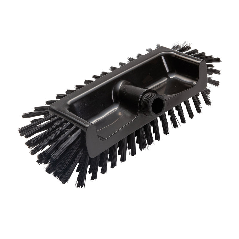 Eine Nahaufnahme des Haug Bürsten KG ECKENSCHRUBBER, ø0,50mm mittel, 320x125x40-50mm, schwarzer rechteckiger Kopf mit steifen Borsten und einem Gewindemittelloch-ideal als Reinigungswerkzeug für schwer zugängliche Ecken.