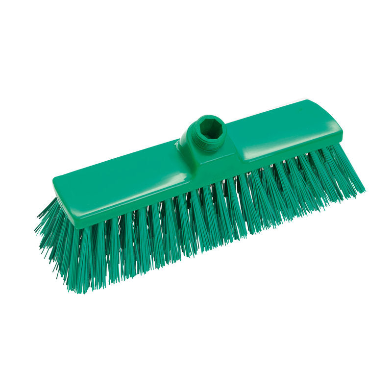 Der Haug Bürsten KG BESEN, PBT HART 300X70X65MM, ø1,0MM ist ein grüner Stoßbesen mit steifen, geraden Borsten und einer oberen Buchse zur Stielbefestigung.