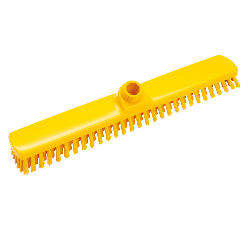 Der Haug Bürsten KG GROßRAUMWISCHER, ø 0,50MM HART 400x60x26MM, verfügt über einen gelben Borstenkopf mit Mittelstutzen - ideal für die professionelle Reinigung und das effiziente Kehren großer Bodenflächen.