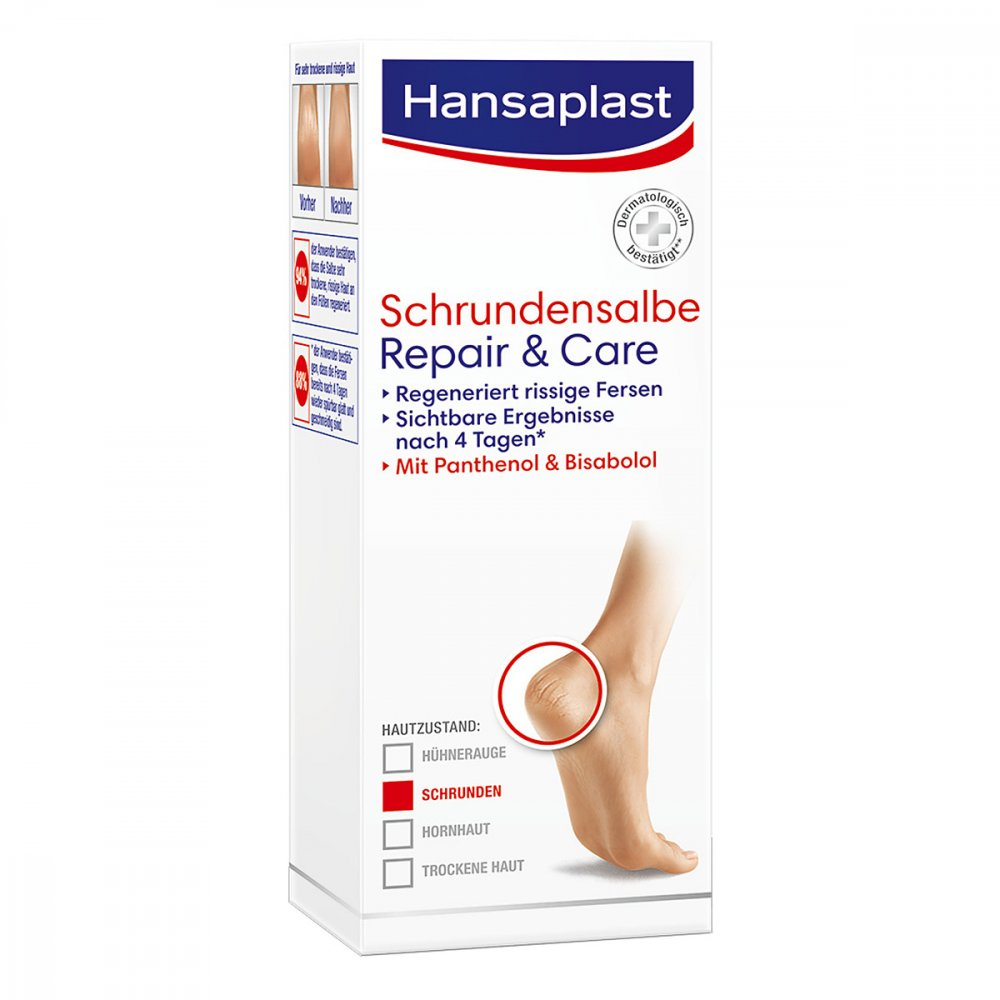 Die weiße 40-ml-Dose von Hansaplast Schrundensalbe Repair & Care der Beiersdorf AG zeigt einen Fuß mit hervorgehobener Ferse, während ein deutscher Text auf der Vorderseite die Vorteile und wichtigsten Inhaltsstoffe wie Panthenol und Bisabolol hervorhebt.