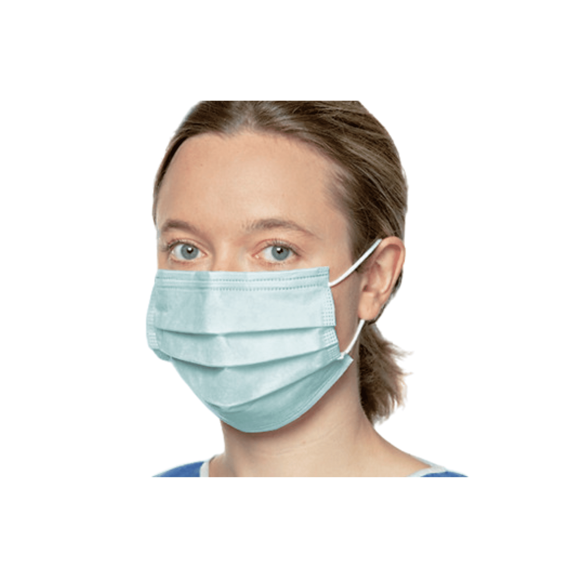 Eine Person mit heller Haut und blauen Augen, die einen Paul Hartmann AG Auslaufartikel: Hartmann Foliodress® Chirurgische OP-Maske (50 Stück) und ein blaues Hemd trägt, von den Schultern aufwärts vor einem weißen Hintergrund abgebildet.