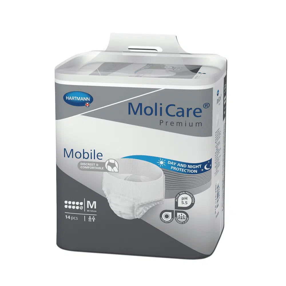Eine 14er Packung Hartmann MoliCare® Premium Mobile Inkontinenzpants 10 Tropfen von Paul Hartmann AG, Größe M, in grau-weißer Verpackung mit blauen Akzenten, bietet zuverlässigen Auslaufschutz bei Harninkontinenz.