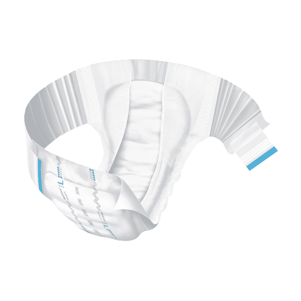 An adult diaper from Paul Hartmann AG’s Hartmann MoliCare® Premium Elastic line, featuring a white and blue design, is depicted in a curved arrangement against a white background, highlighting its absorbent and flexible properties.