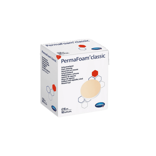Eine Schachtel Auslaufartikel: Hartmann PermaFoam® Classic Schaumverband (Ø 6 cm, 10 Stück) von Paul Hartmann AG, mit Größenangaben, Markenverpackung mit sechseckigem Design und kreisförmiger Abbildung, hebt hydrophiles Polymer für die feuchte Wundversorgung hervor.