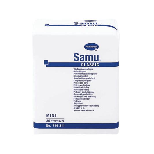 Eine weiße Packung mit der Aufschrift „Hartmann Samu® Classic Mini Wöchnerinnen Vorlage“ der Paul Hartmann AG enthält 20 sterile Tücher. Die Verpackung enthält Produktdetails in verschiedenen Sprachen und trägt den Markennamen „Hartmann“.