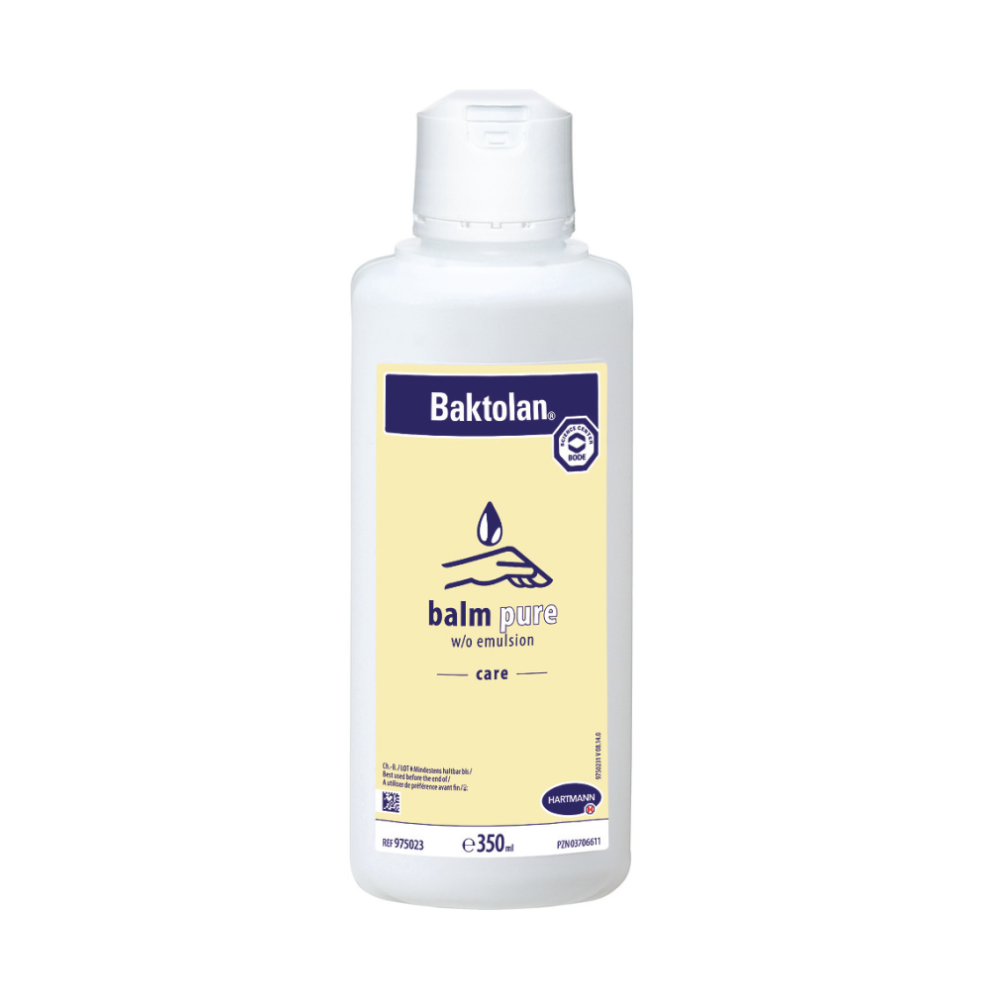Eine 350 ml weiße Kunststoffflasche mit Auslaufartikel der Paul Hartmann AG: Baktolan® Lotion Hautpflegebalsam mit gelbem Etikett, blauem Text und weißem Flip-Top-Verschluss; bietet feuchtigkeitsspendende Hautpflege als W/O-Emulsion.