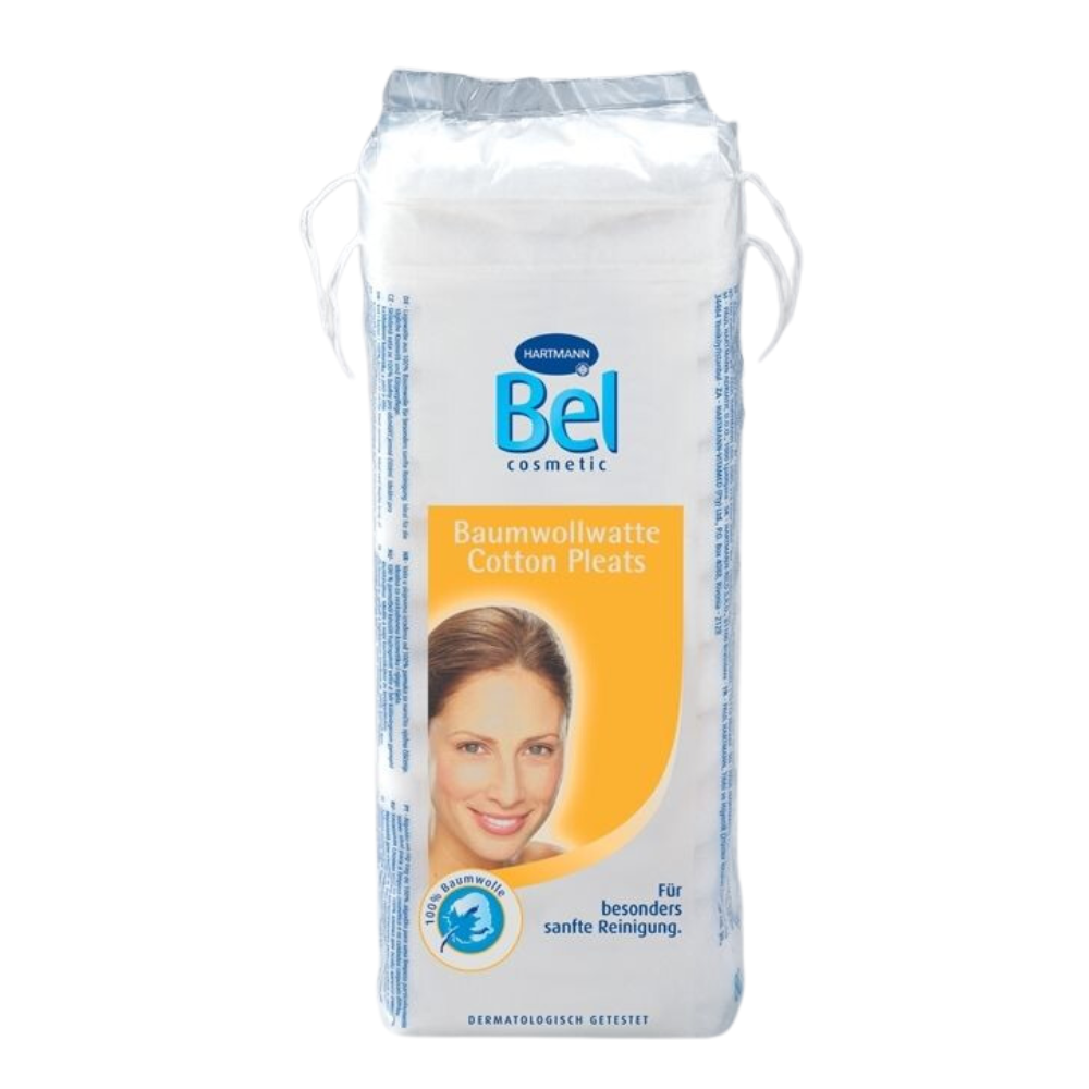 Eine Packung Bel Cosmetic Baumwoll-Watte der Paul Hartmann AG mit einem Frauengesicht auf der Vorderseite betont die sanfte Reinigung zur Hautpflege. Dieses dermatologisch getestete Kosmetikprodukt enthält Texte in Deutsch und Englisch und wird in einer 100-g-Packung geliefert.