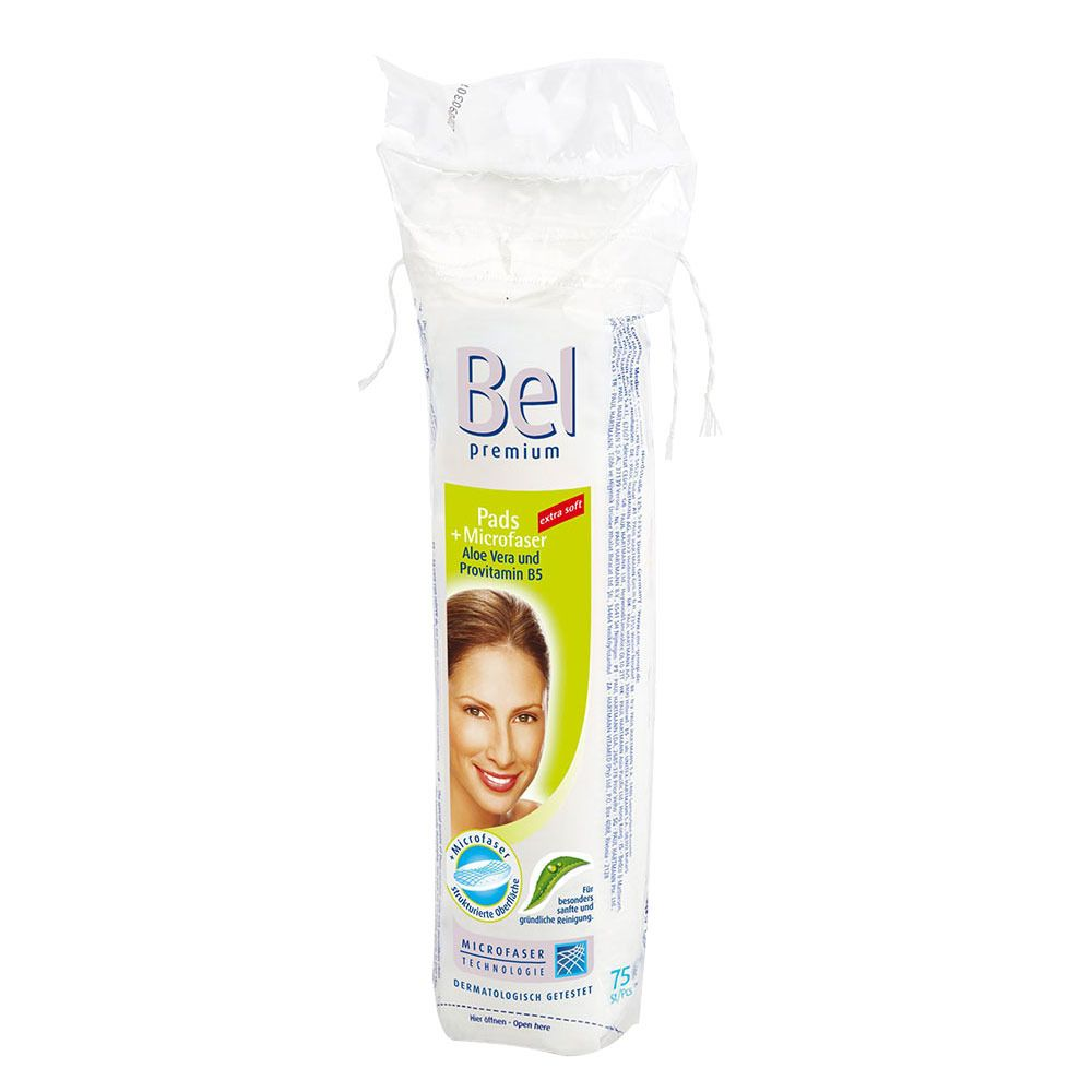 Die Packung der Paul Hartmann AG Bel Premium Wattepads (75 Stück) zeigt ein Frauengesicht und enthält Aloe Vera und Provitamin B5 für eine hervorragende Hautpflege; diese dermatologisch getestete Kunststoffverpackung garantiert hochwertige Wattepads.