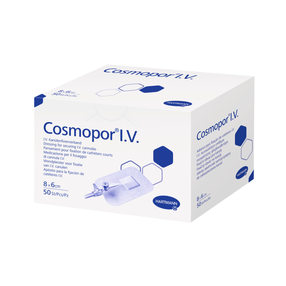 Die Hartmann Cosmopor I.V. KanülenfixPfl. der Paul Hartmann AG hat ein 6 x 8 cm großes Design in einer weißen Box mit blauen Sechsecken und mehrsprachigem Text und enthält 50 sterile Verbände, die sich ideal für die Verwendung mit einer IV-Öffnung eignen.