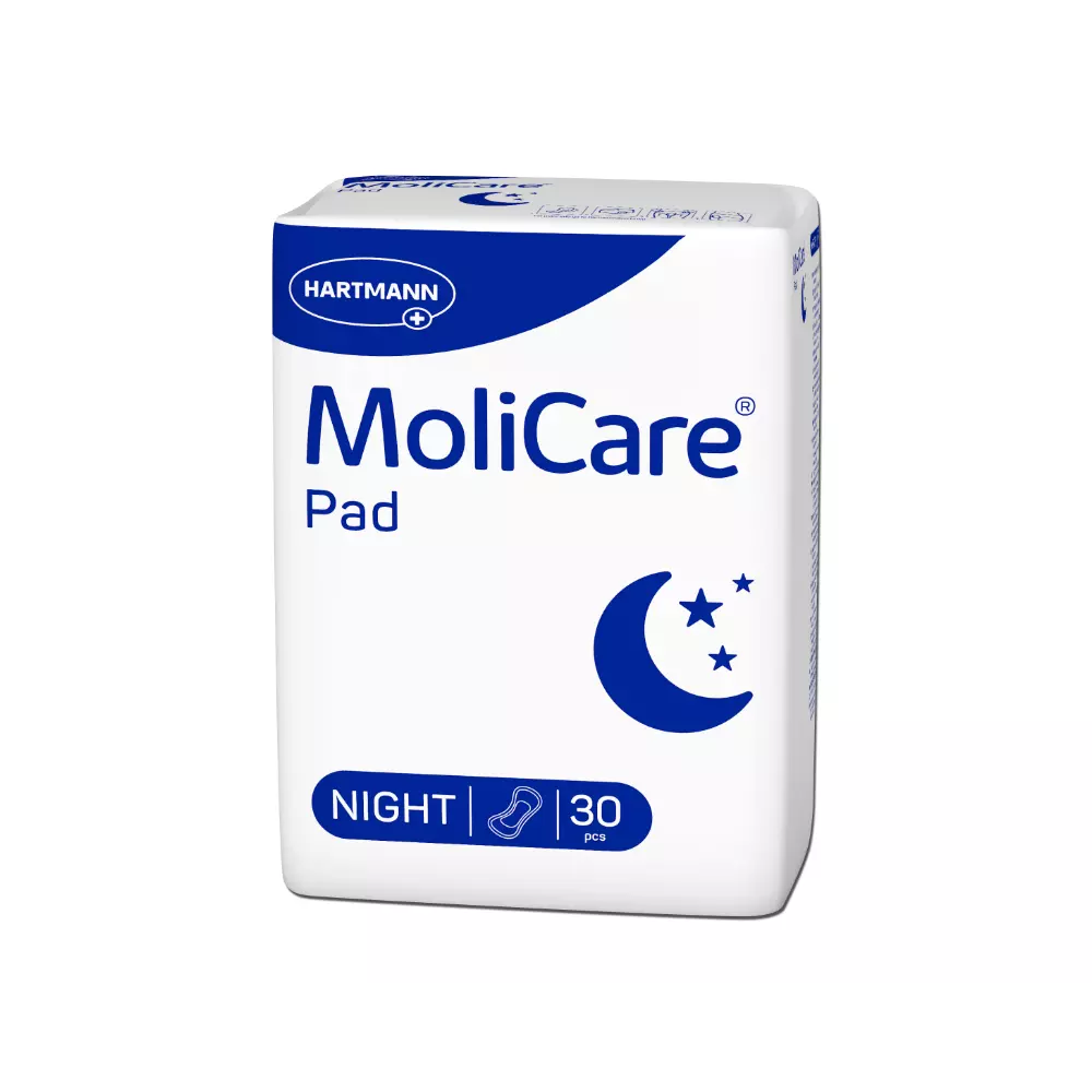 Der Auslaufartikel: Hartmann MoliCare Pad Night Inkontinenzeinlagen der Paul Hartmann AG wird in einer Packung zu 30 Stück geliefert. Die weiß-blaue Verpackung mit Mond und Sternen dient dem zuverlässigen nächtlichen Schutz bei Blasenschwäche.