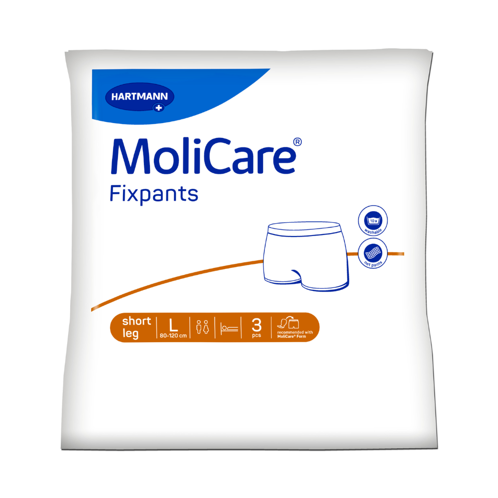 Vorderansicht der MoliCare® Fixpants Netzhose für Inkontinenzeinlagen der Paul Hartmann AG, Größe L (80–120 cm), kurze Beinform. 3er-Packung mit Passform- und Waschsymbolen; das Paul Hartmann-Branding ist auf der Verpackung sichtbar.
