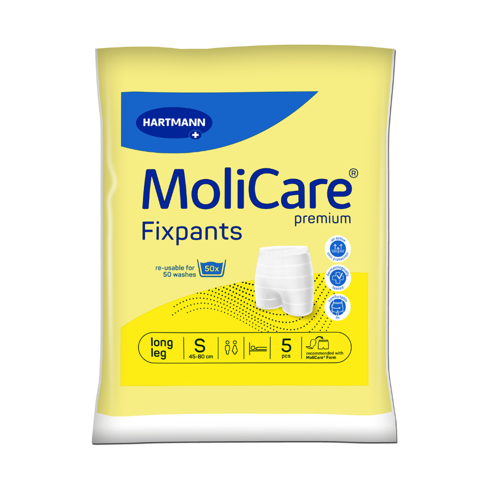 Eine gelb/weiße Packung MoliCare® Fixpants Netzhose der Paul Hartmann AG, Größe S (45–80 cm Taille), langes Bein, 5 wiederverwendbare Teile (bis zu 50 Wäschen), ideal zum Fixieren von Inkontinenzeinlagen. Produktbild auf der Vorderseite.