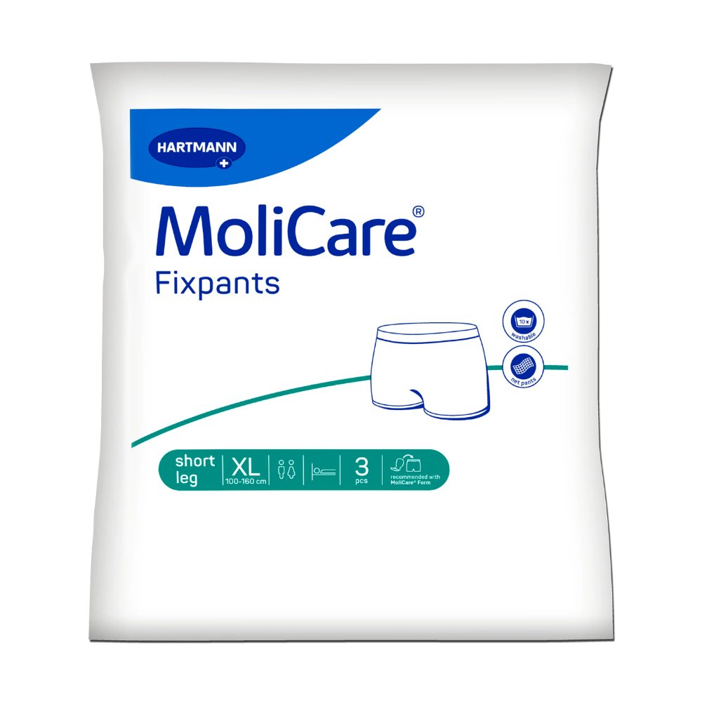 Eine 3er-Packung MoliCare® Fixpants Netzhose der Paul Hartmann AG, Größe XL (100-160 cm), wird in einer überwiegend weißen Verpackung mit blauen Details und einer Abbildung der Fixpants geliefert, perfekt für die Verwendung mit Inkontinenzeinlagen.