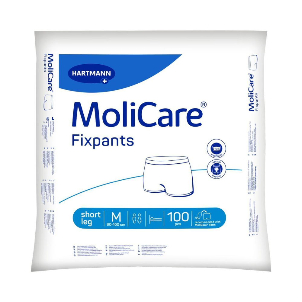 Eine Packung Hartmann MoliCare® Fixpants kurze Netzhose der Paul Hartmann AG enthält 100 Stück in der Größe M, ideal für die sichere und bequeme Fixierung von Inkontinenzeinlagen. Die weiße Verpackung ist mit blauen Akzenten und deutlichen Größensymbolen versehen.
