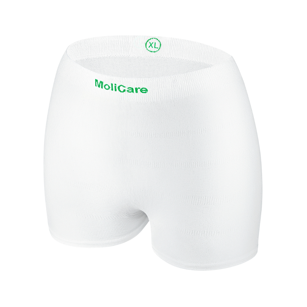 Weiße Hartmann MoliCare® Fixpants Einweg-Netzhosen der Paul Hartmann AG, grün mit der Aufschrift „XL“ auf weißem Grund. Für Erwachsene konzipiert, ideal zur Fixierung von Inkontinenzeinlagen mit nahtlosem, sicherem Sitz.